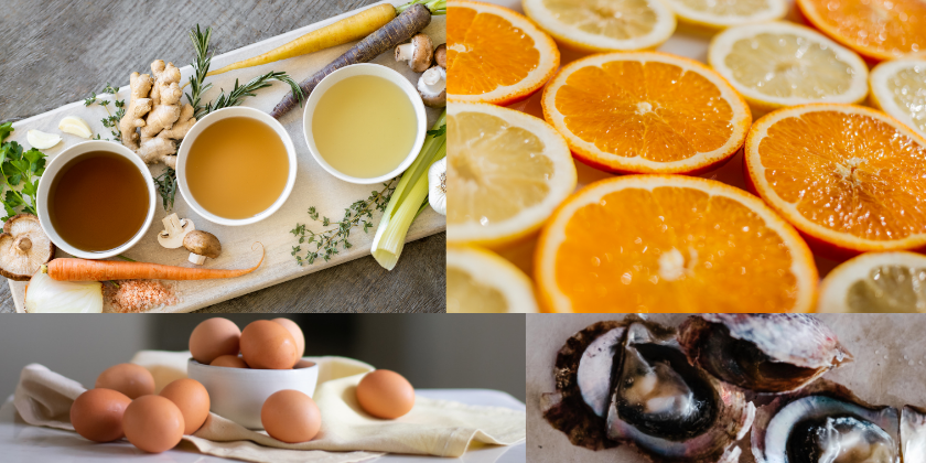 image of food cold and flu remedies including bone broth, oranges, eggs, and oysters